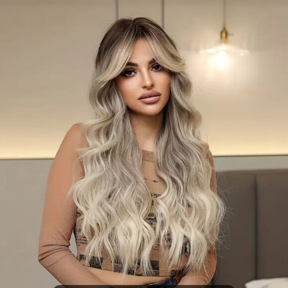 NWT 26" Ombre Blonde Long Wavy Curly Hair Wig %130 Density with Rose Net Cap - Picture 1 of 16